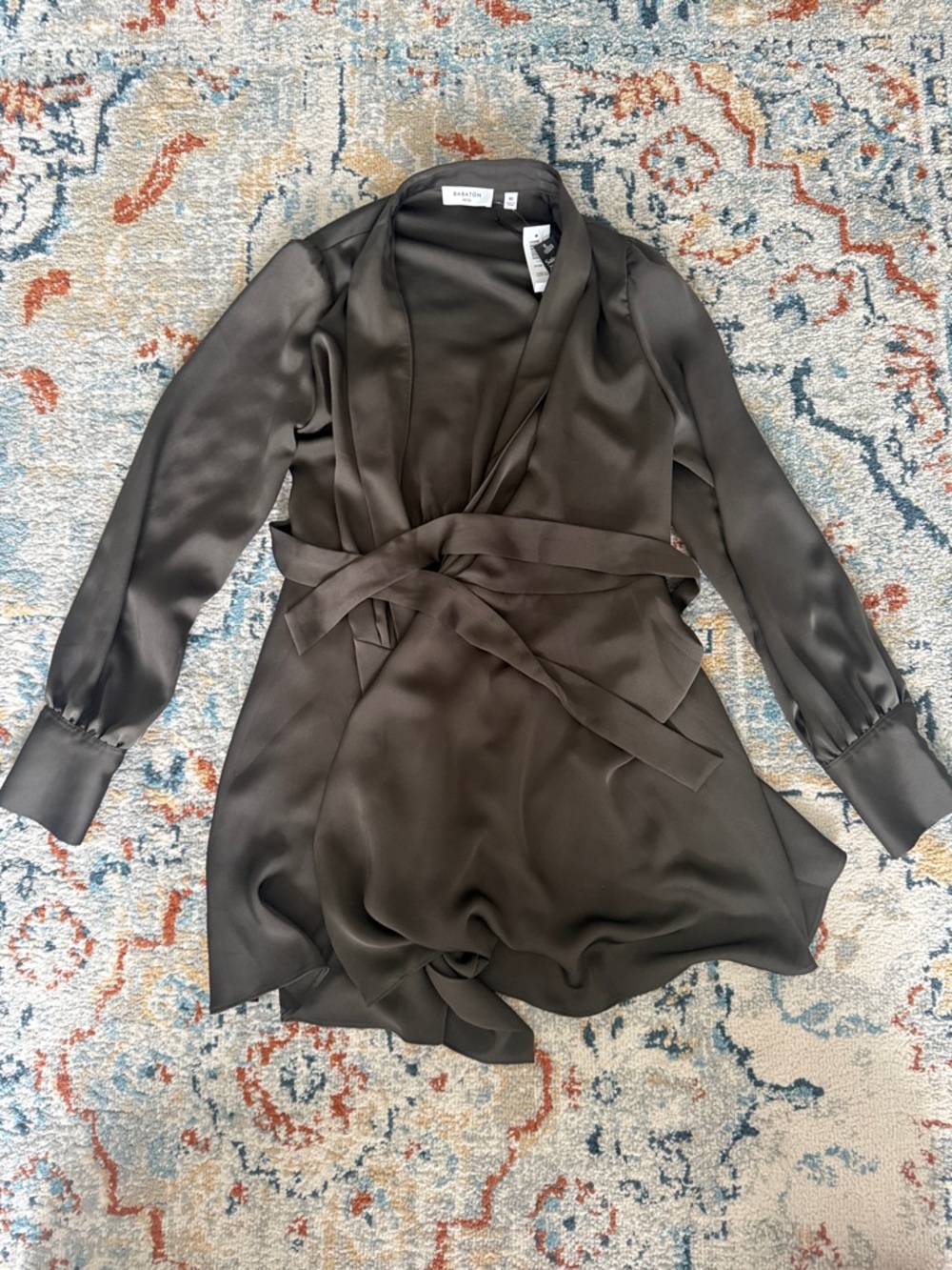 Aritzia Satin Wrap Blouse in Olive Green